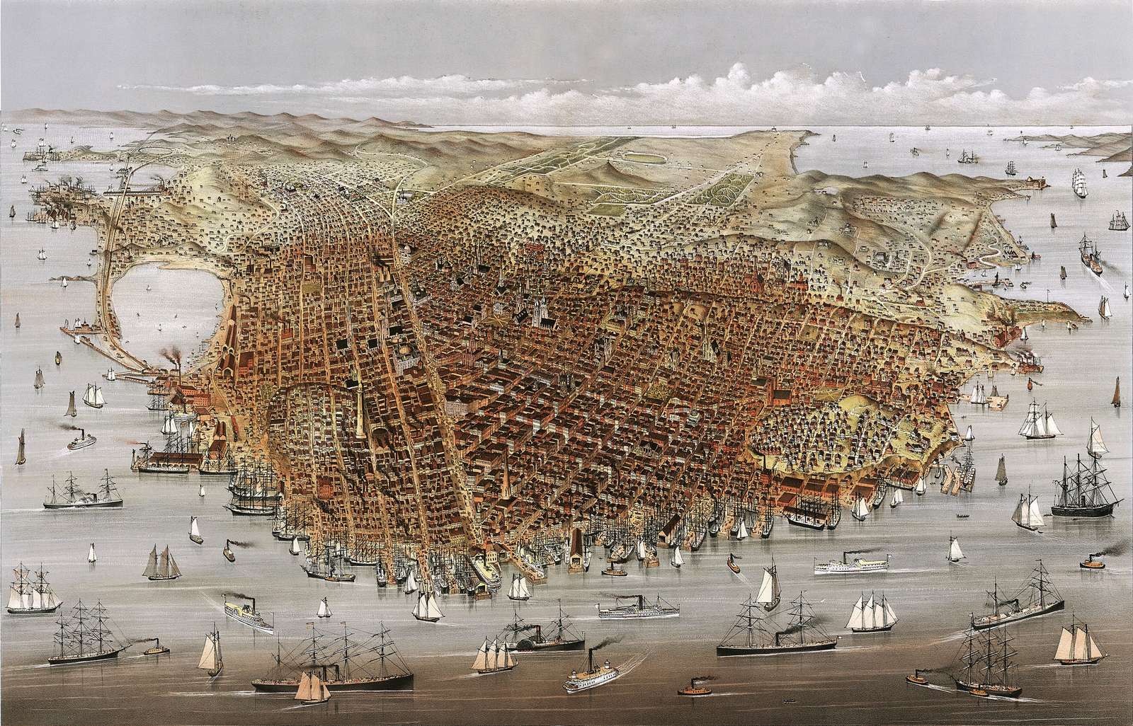 Currier & Ives -1878 - Flygfoto över San Francisco Pussel online