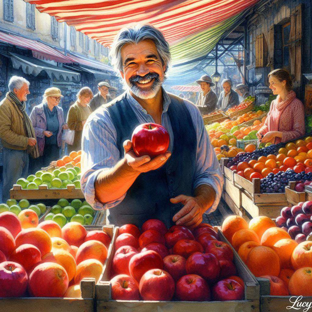 A smiling middle-aged fruit vendor online puzzle