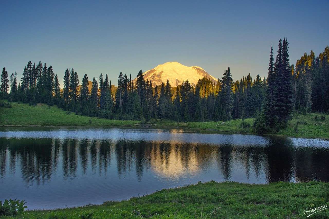 Montagna, Lago, Alberi, Tramonto. puzzle online