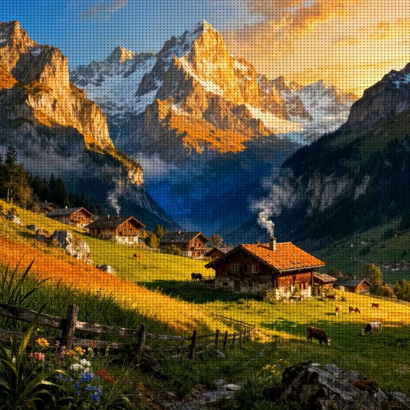 cottage in a clearing among the mountains online puzzle