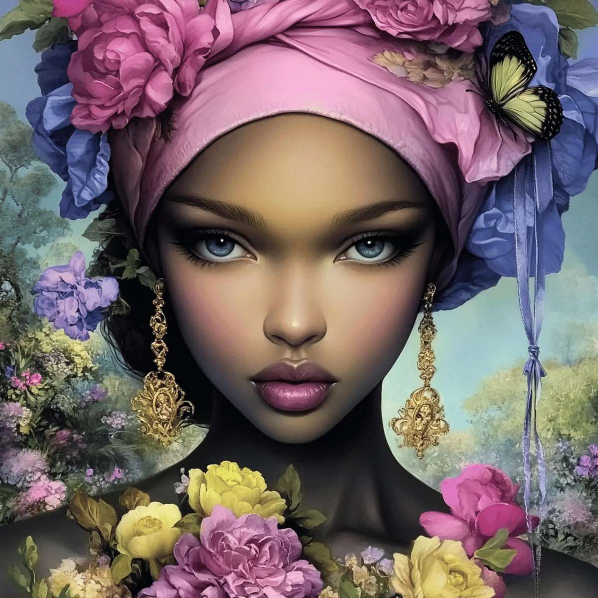 Femeie cu turban și motive florale. jigsaw puzzle online