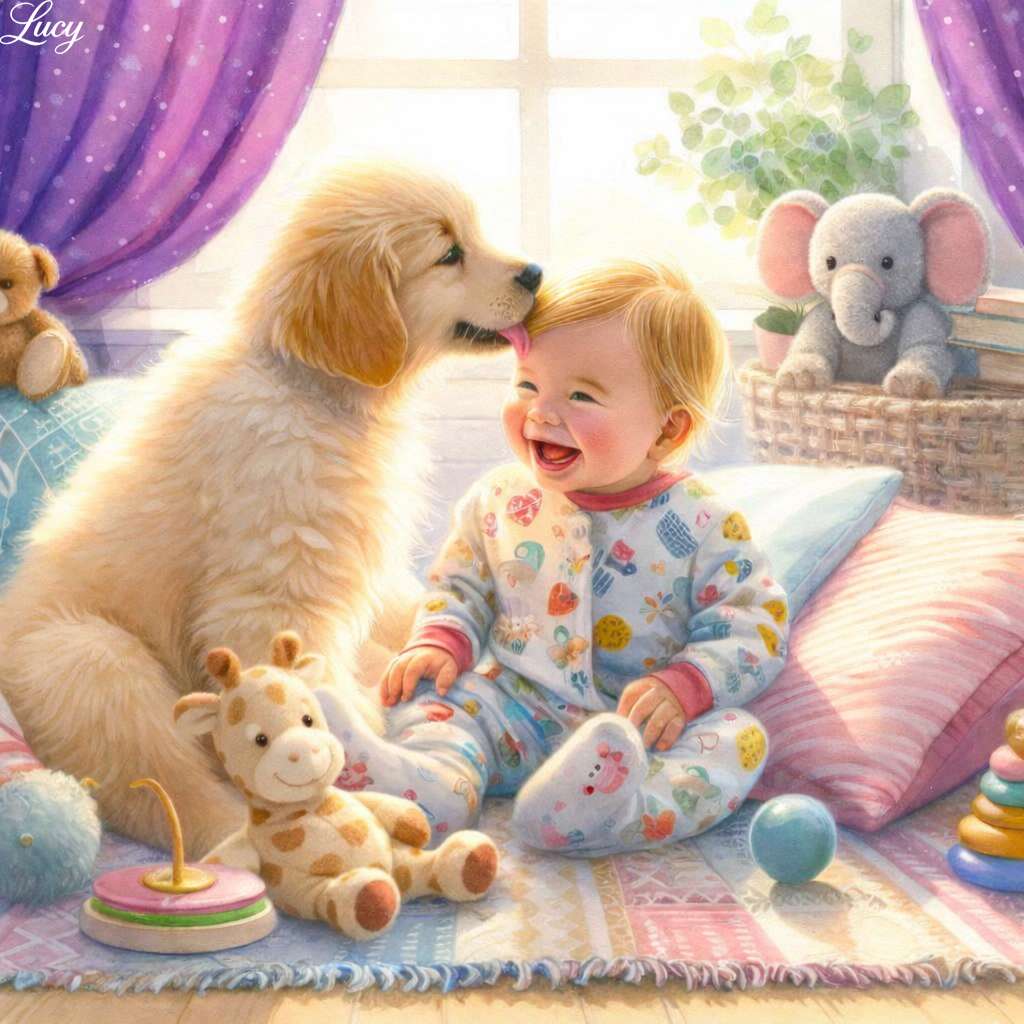 Baby and puppy playtime in nursery online puzzle