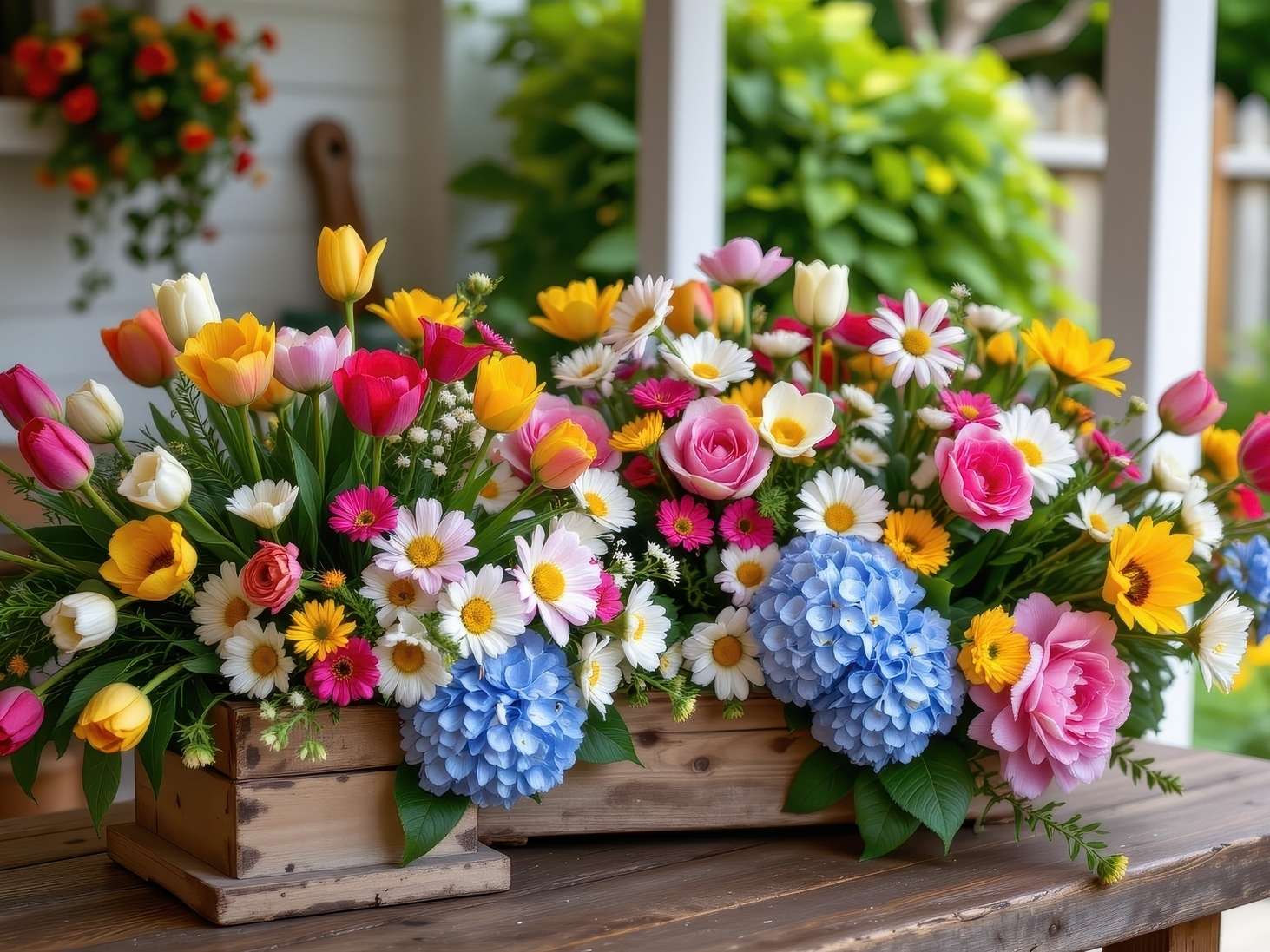 Blumen in einer Kiste auf dem Tisch Puzzlespiel online