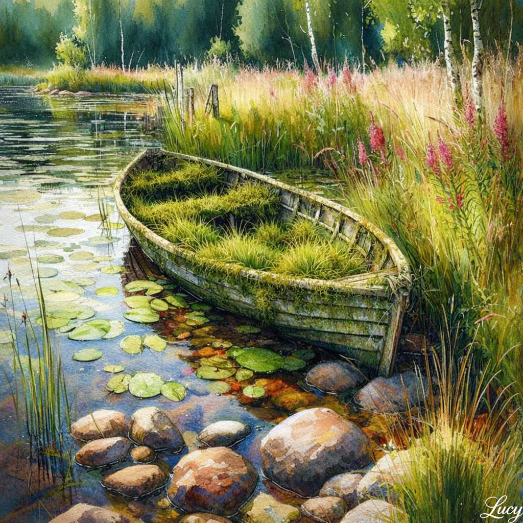 Mossklädd båt på en lugn sjö pussel på nätet