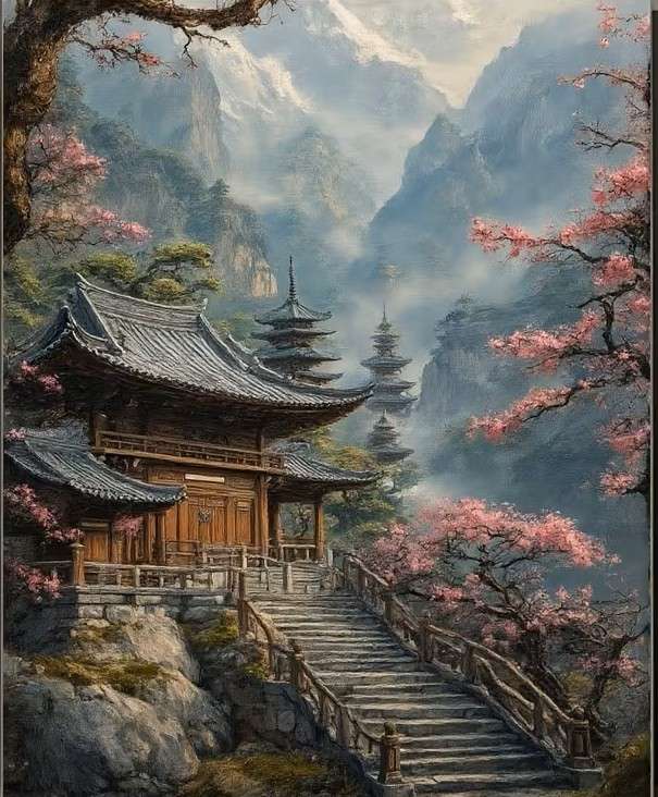 chinese wooden house in the mountains jigsaw puzzle online
