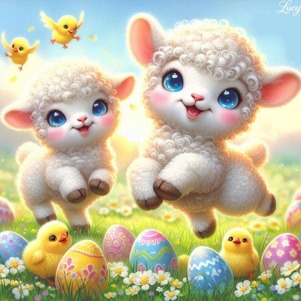 2 fluffy lambs joyfully dancing jigsaw puzzle online
