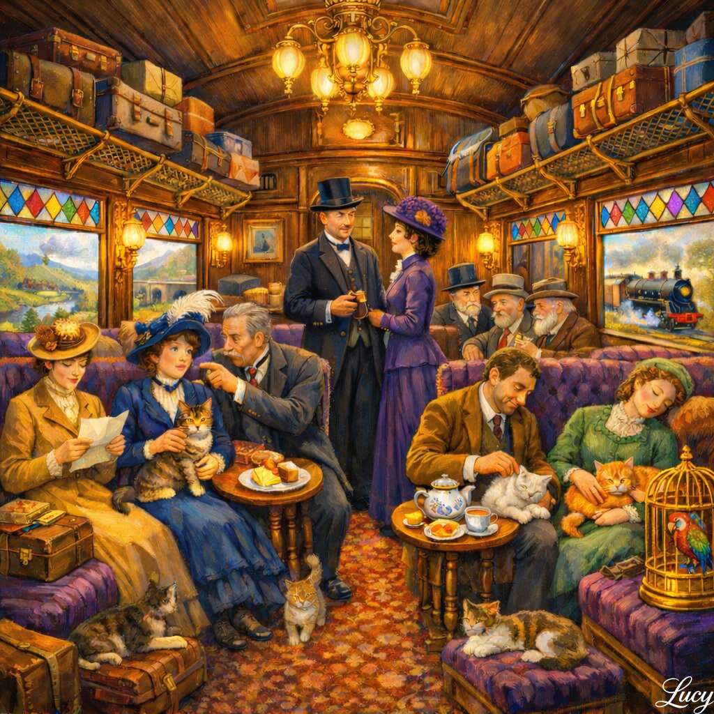 Victorian train ride with tea and treats jigsaw puzzle online