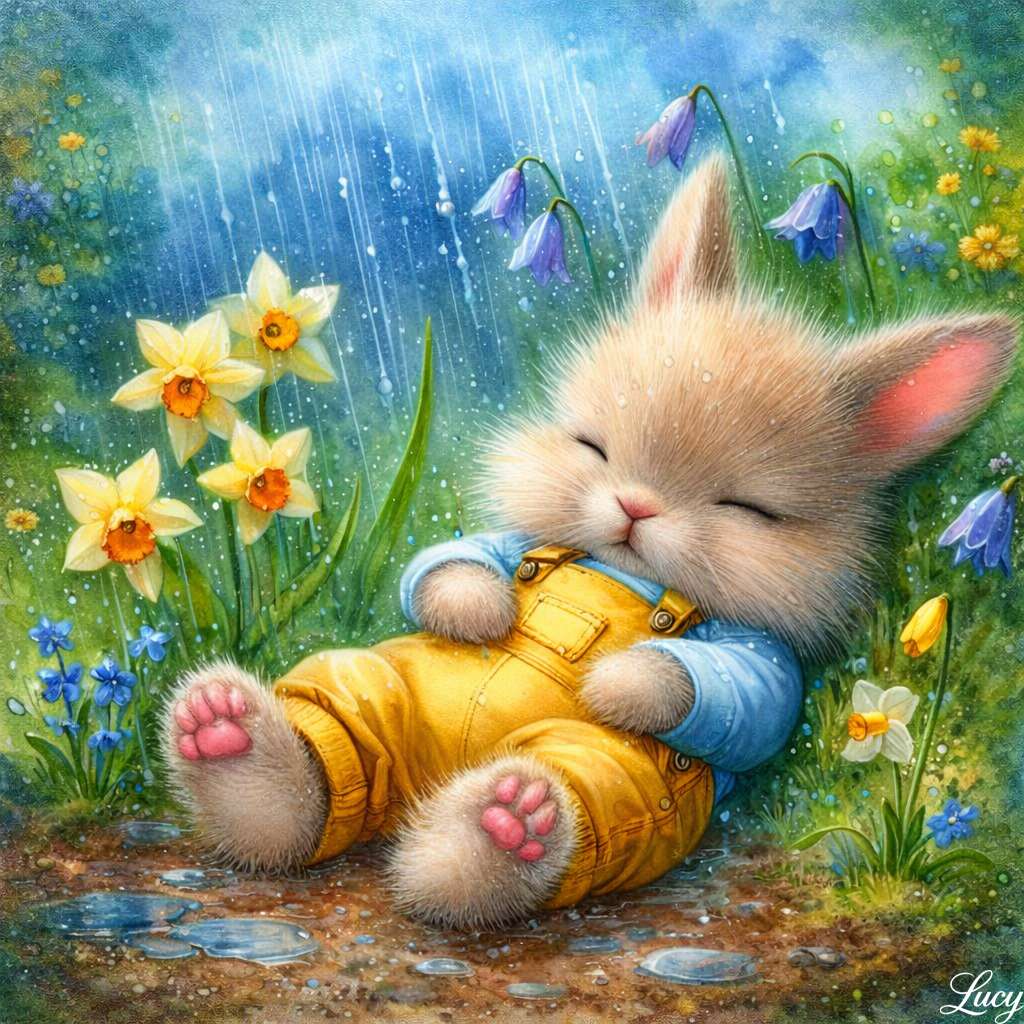 Coniglio addormentato in un giardino piovoso puzzle online