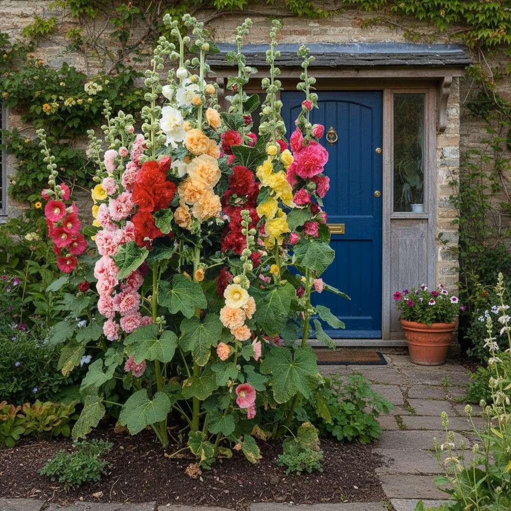beautiful hollyhocks in the home garden online puzzle