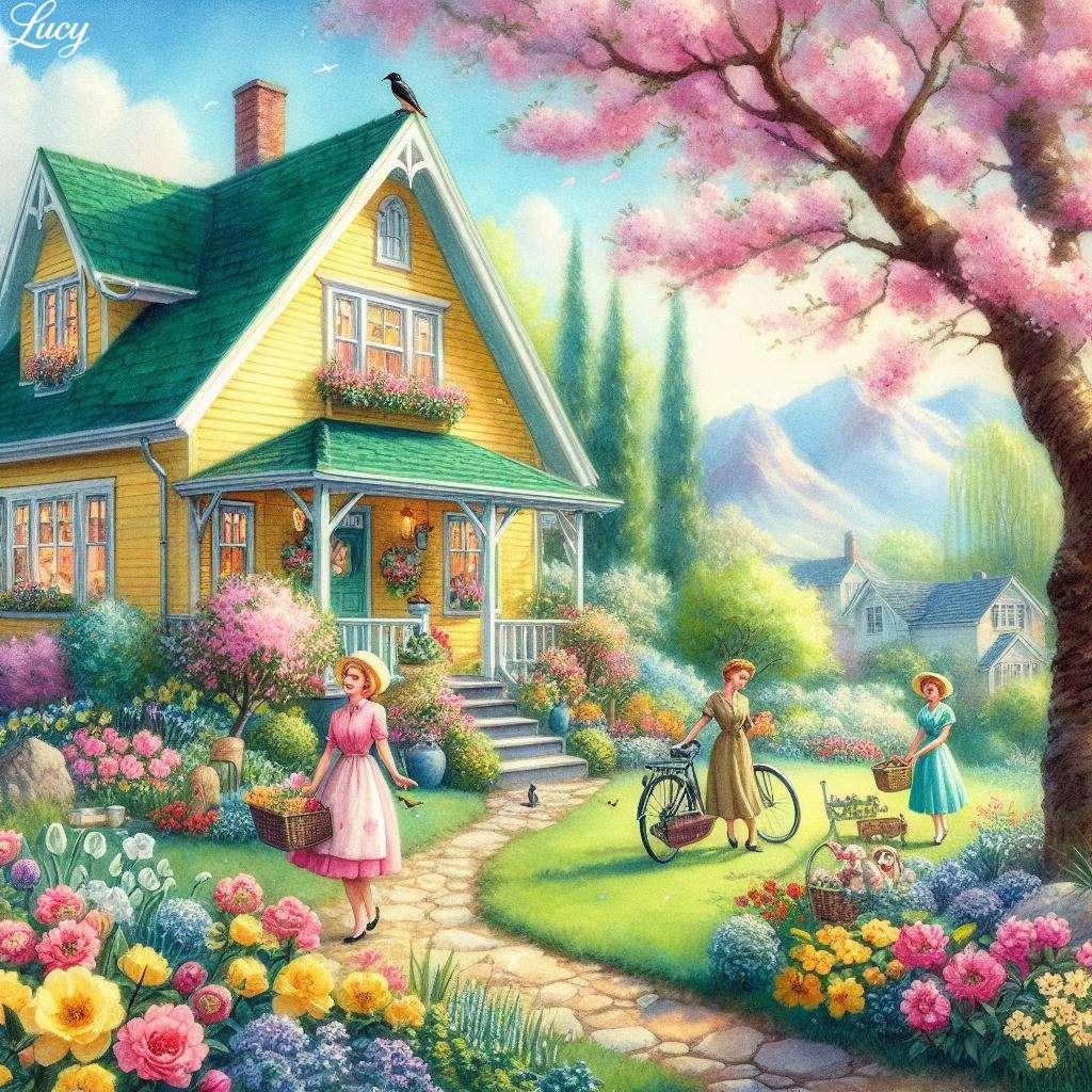 Sunlit yellow cottage with green roof and trim online puzzle