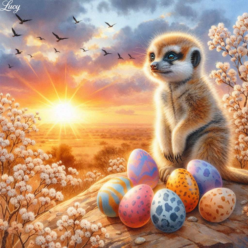 Meerkat and Easter eggs at sunset jigsaw puzzle online