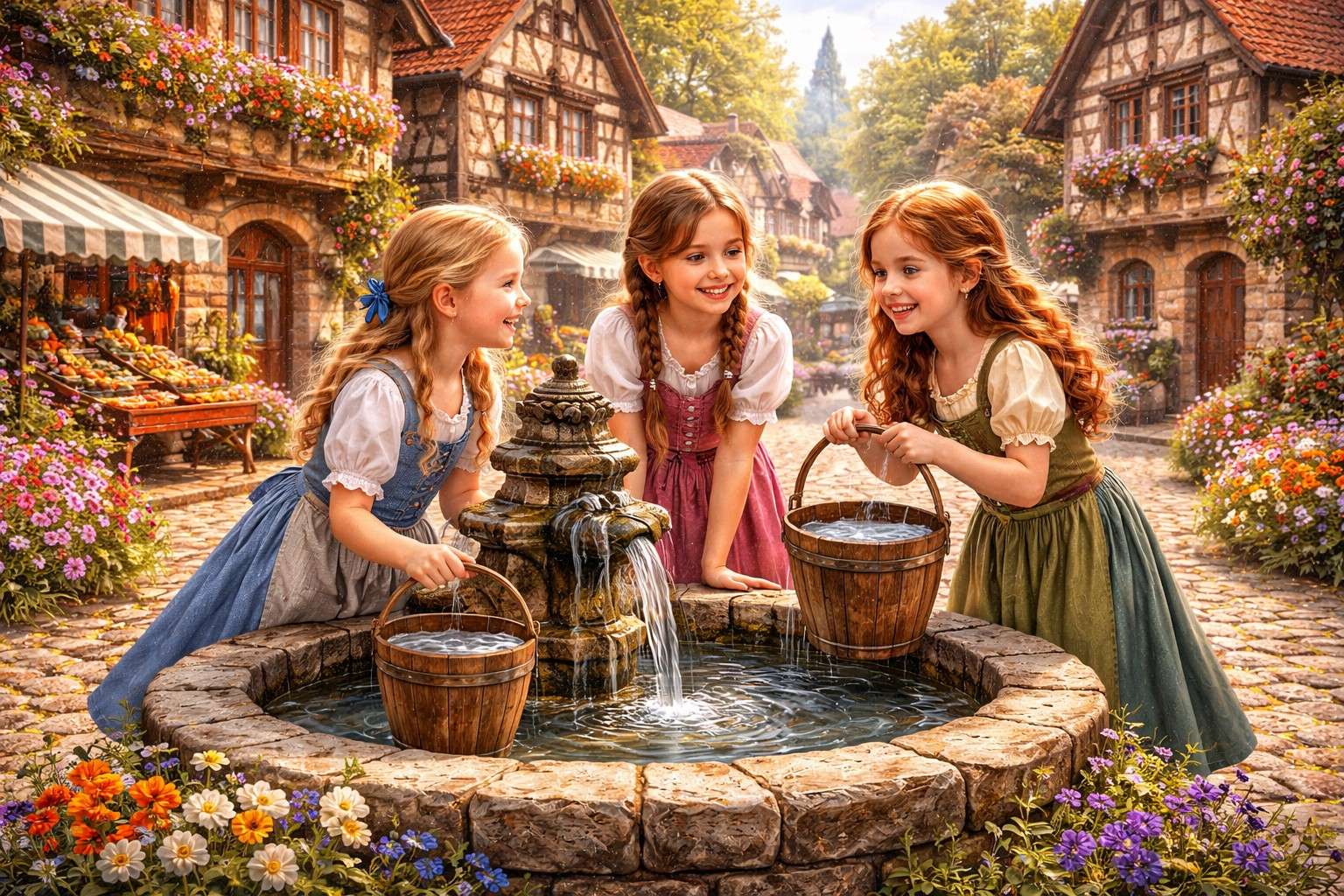 Meisje bij de dorpsfontein legpuzzel online