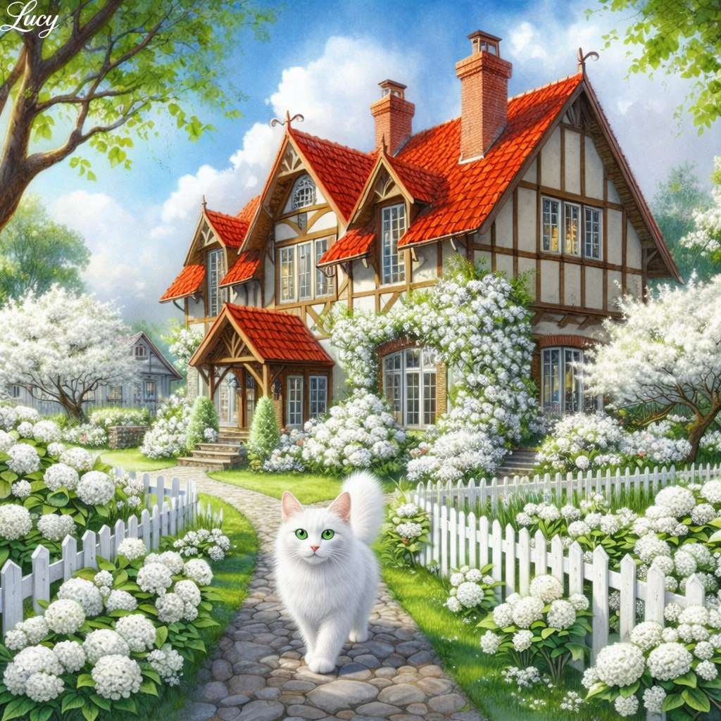 Bájos házikó és bolyhos macskajárás kirakós online