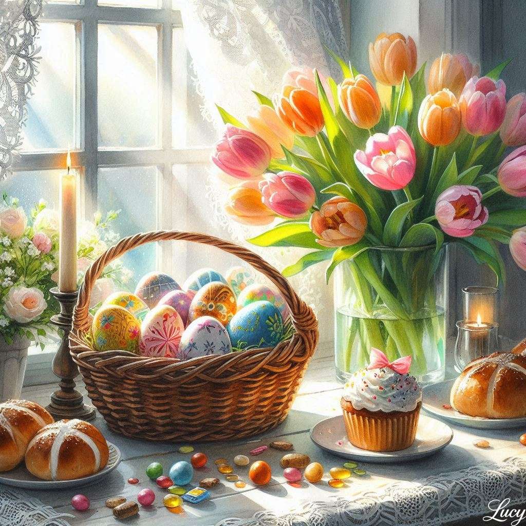 Sluncem zalité velikonoční zátiší u okna skládačky online