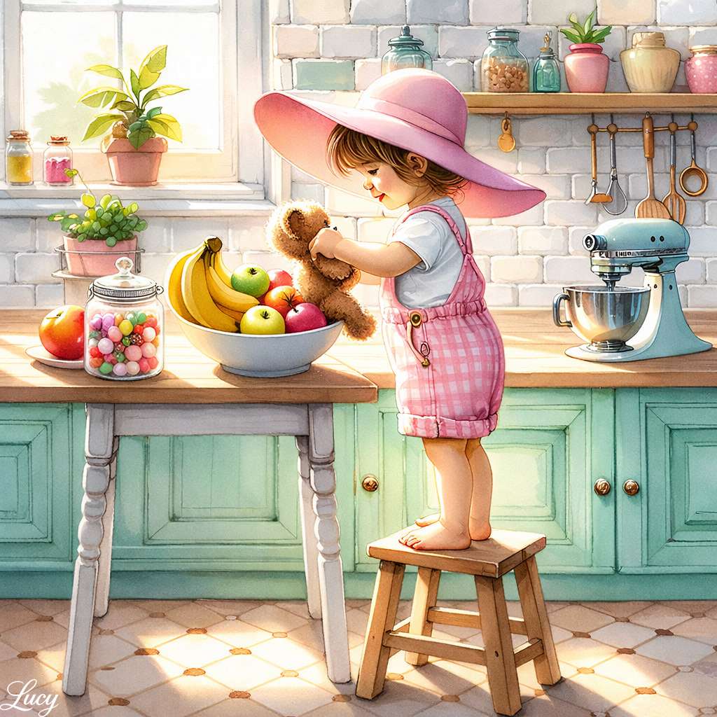 Sonnige Küche mit einem fröhlichen Mädchen Puzzlespiel online