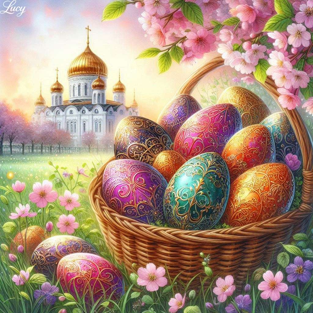 Díszes, kézzel festett húsvéti tojással töltött kosár kirakós online