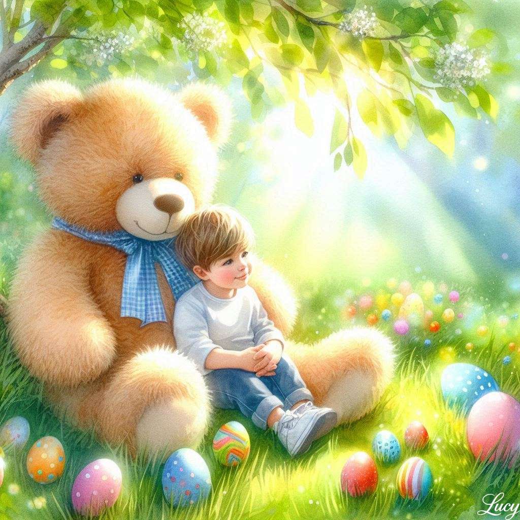 un grande orsacchiotto con un bambino seduto in grembo puzzle online