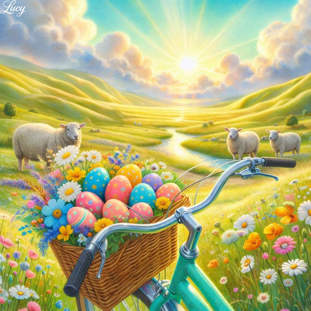 Prato primaverile con bicicletta e pecore puzzle online