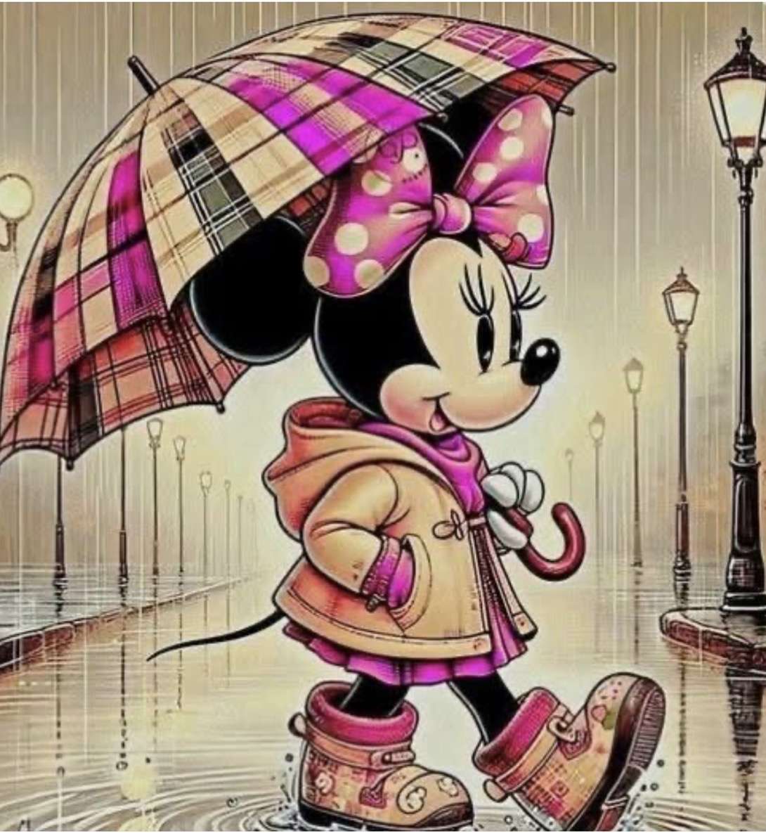 Minnie läuft mit ihrem Bumbershoot durch den Regen. Online-Puzzle