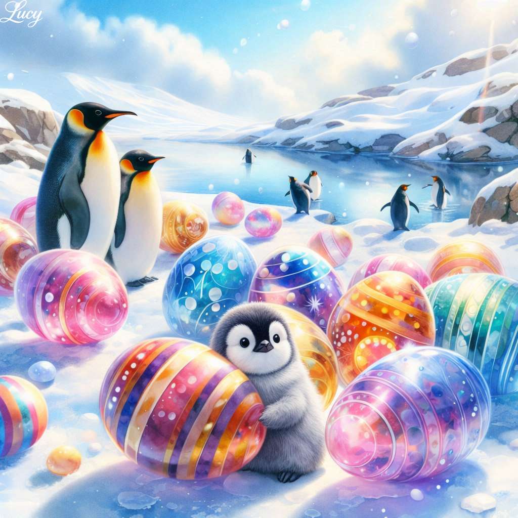 Pinguini e uova di Pasqua nella neve puzzle online