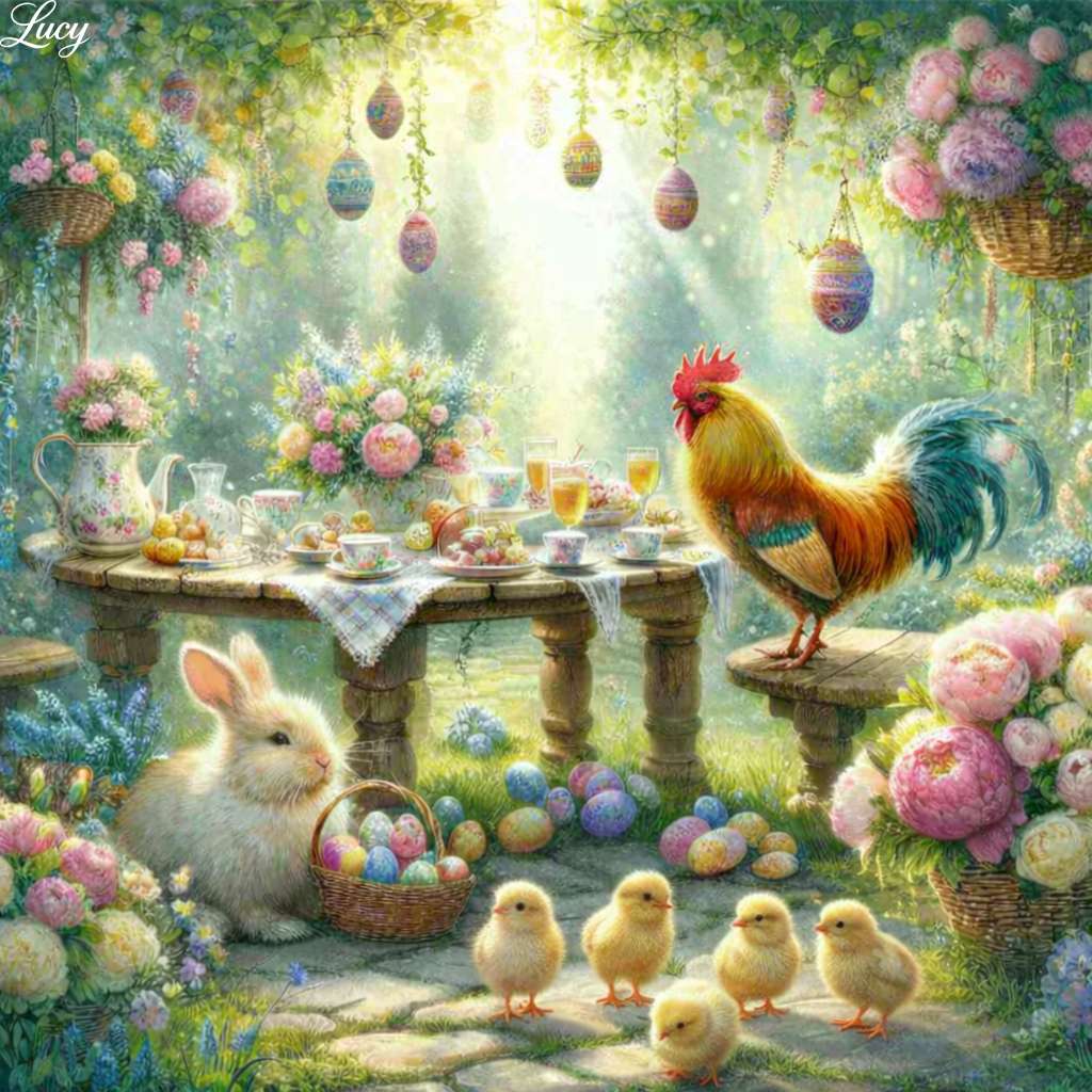 Frühlingliche Gartenteeparty mit Osterstimmung Puzzlespiel online