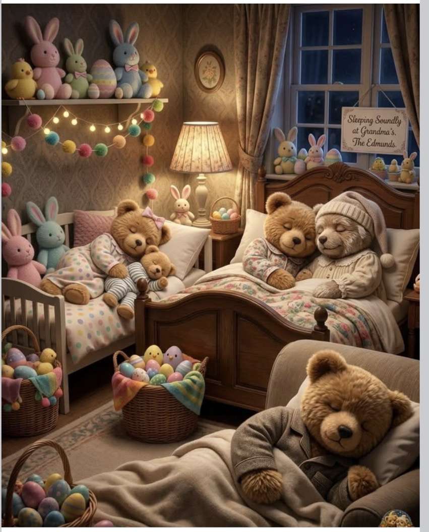 Teddybären schlafen, während Ostern naht. Online-Puzzle