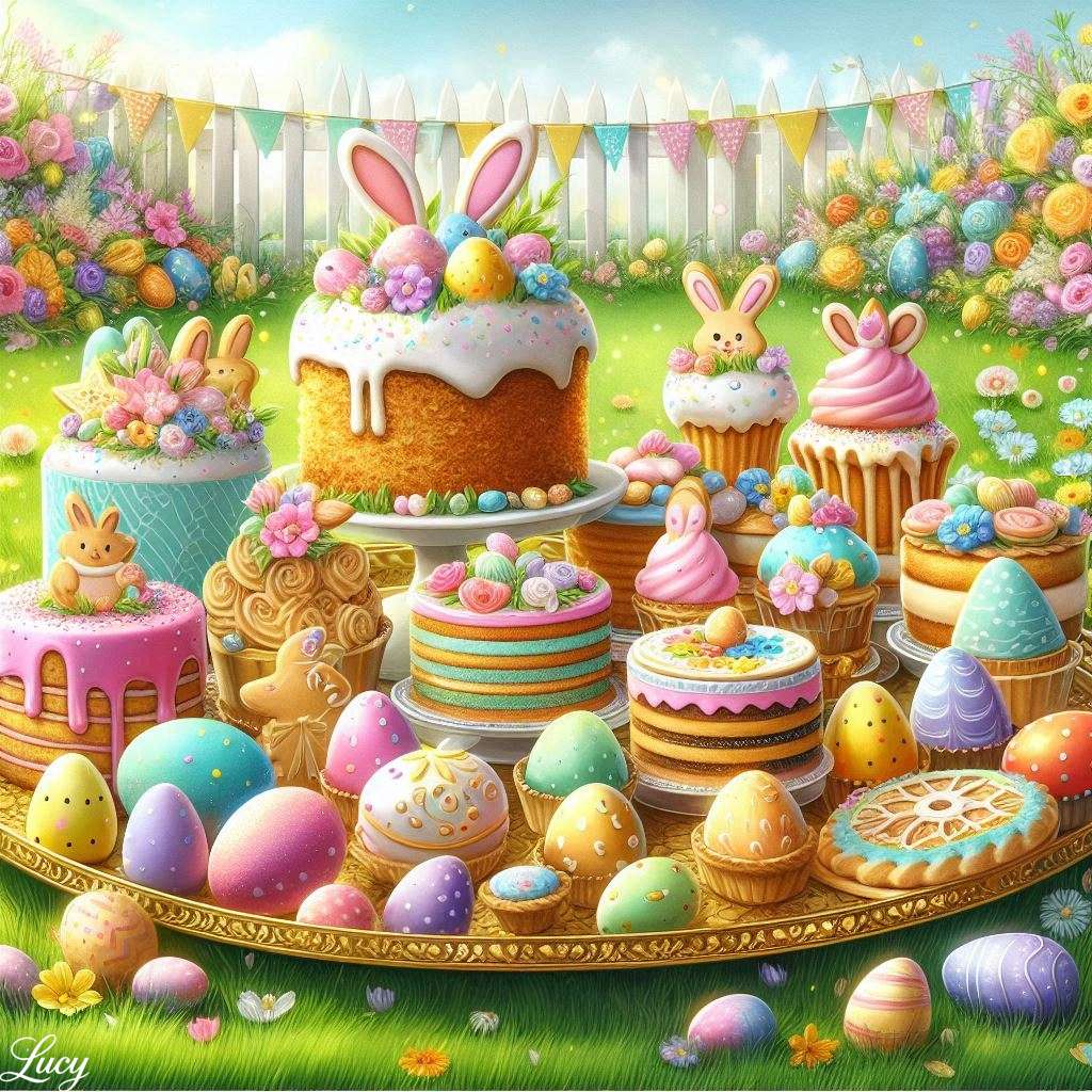 Exibição de sobremesa de Páscoa em uma bandeja de ouro puzzle online