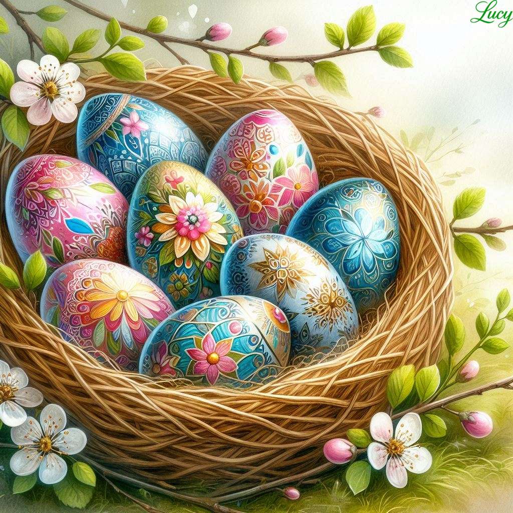 a woven straw nest filled with decoratively eggs jigsaw puzzle online