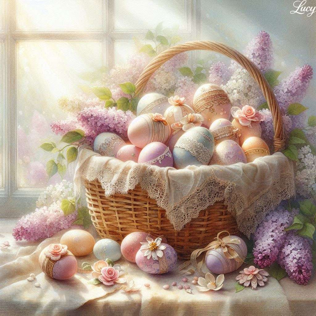 Basket filled with pastel-colored Easter eggs jigsaw puzzle online