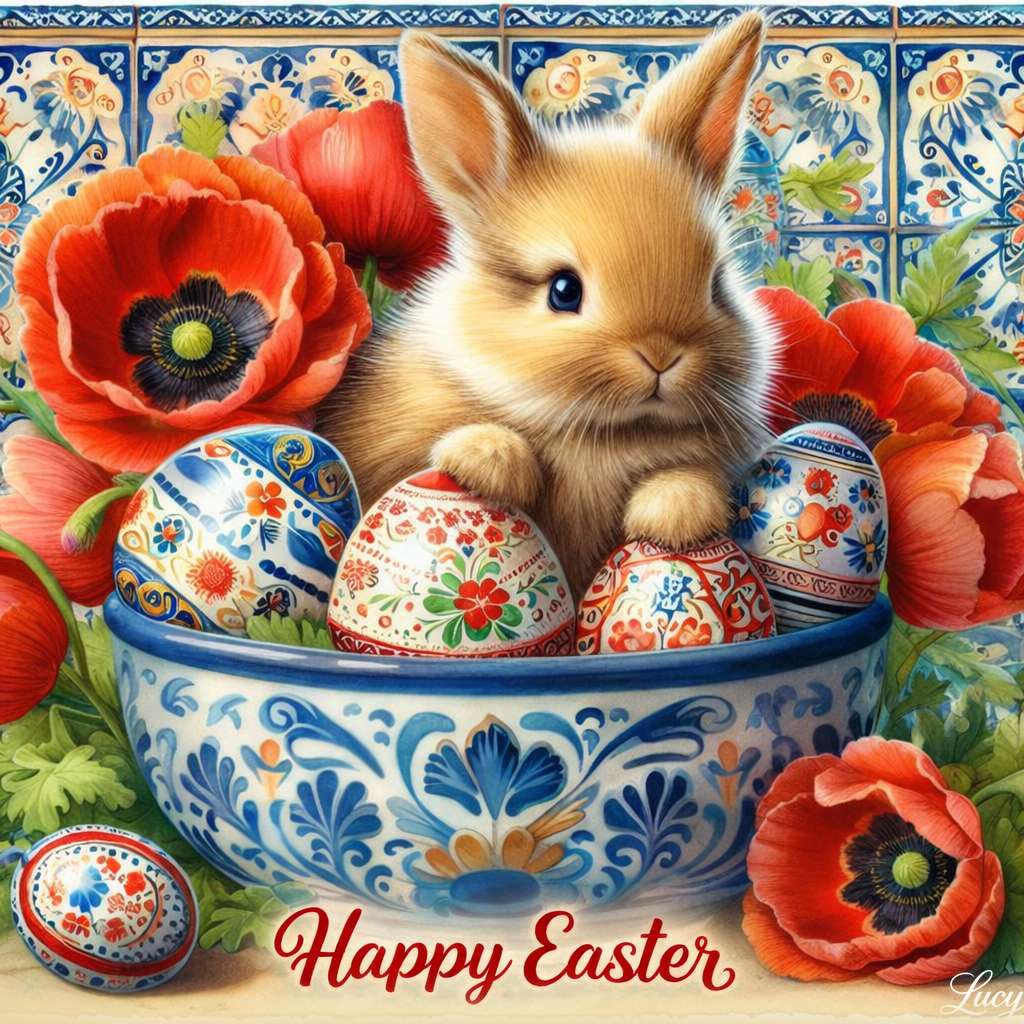 Easter bunny in a ceramic bowl online puzzle