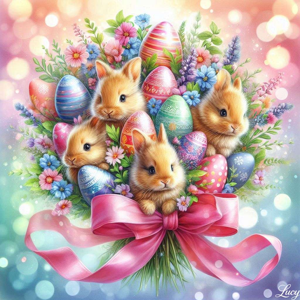 Bouquet of bunnies, flowers and decorated eggs jigsaw puzzle online