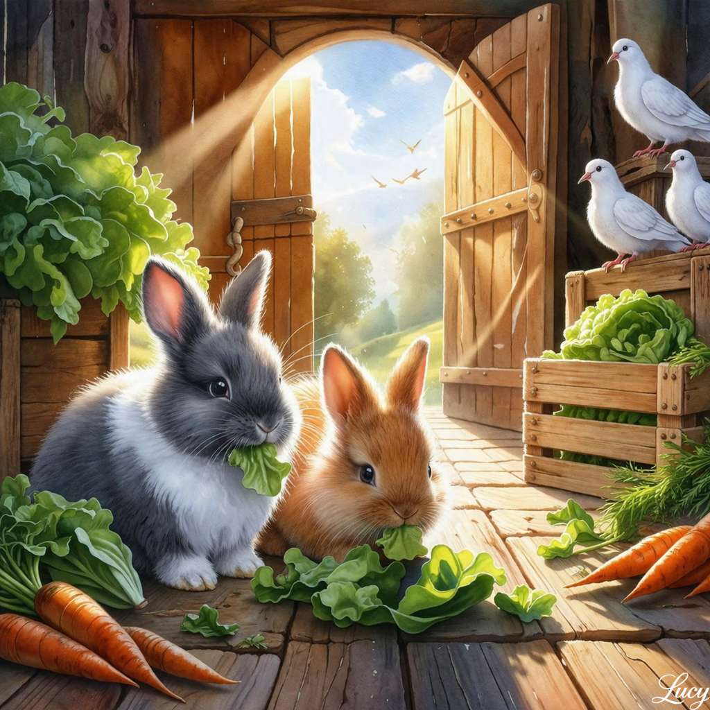 Sunlit barn with bunnies and doves jigsaw puzzle online