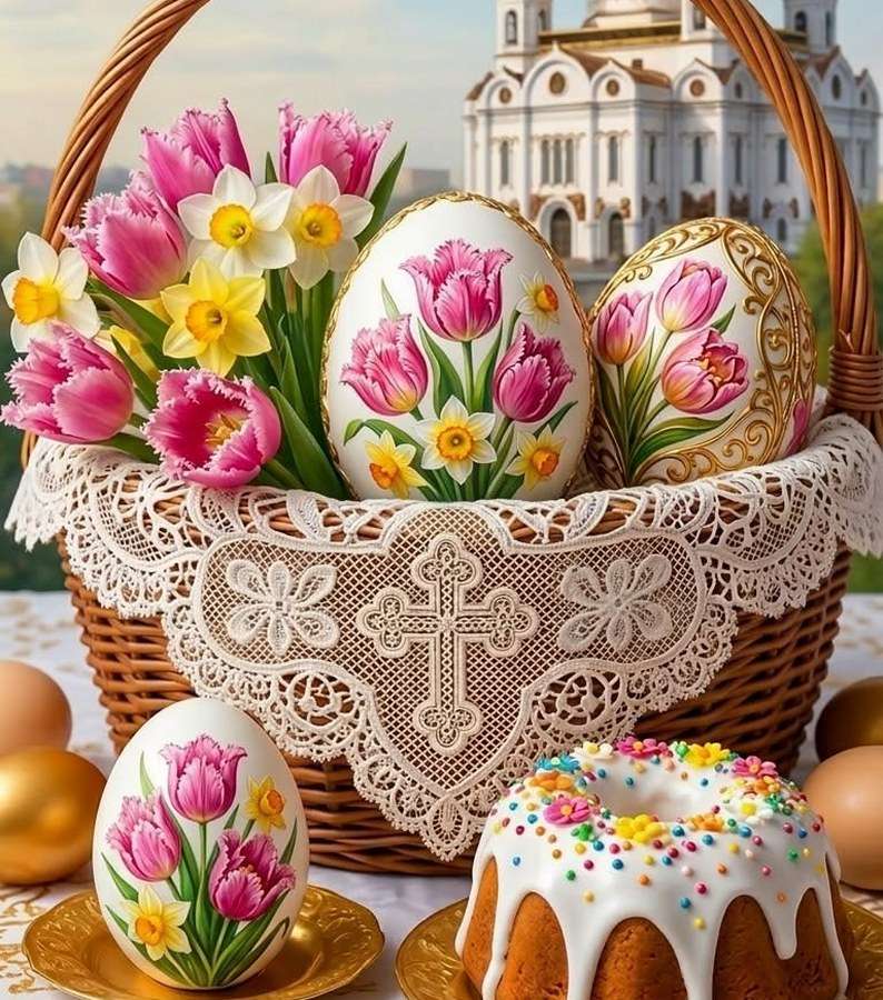 Kosz wielkanocny z jajkami i kwiatami puzzle online