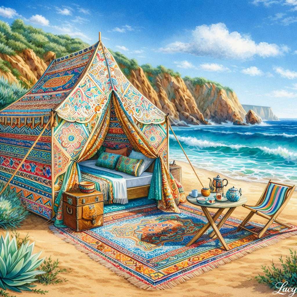 Beachside camp with ornate tent online puzzle
