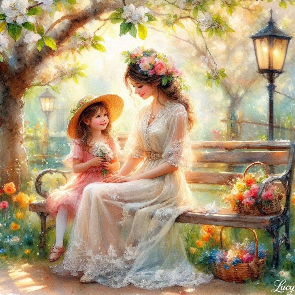 A young woman and a little girl seated on a wooden online puzzle