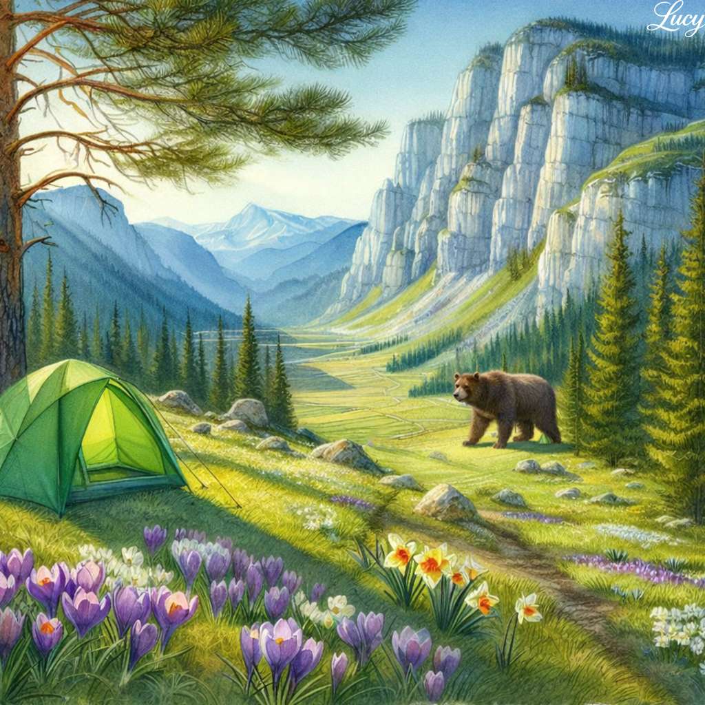 Vallée alpine avec ours et tente puzzle en ligne