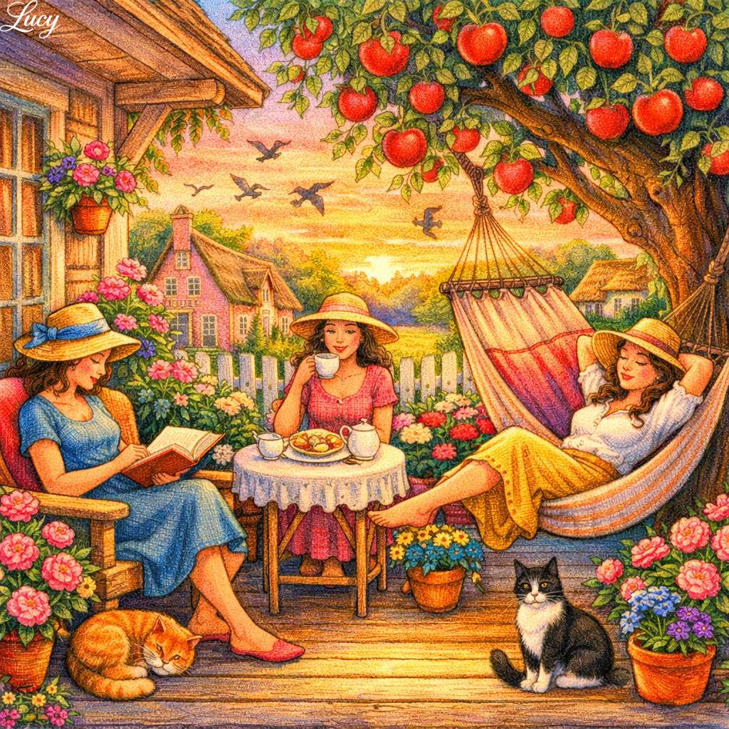 Cottage garden tranquility at sunset online puzzle