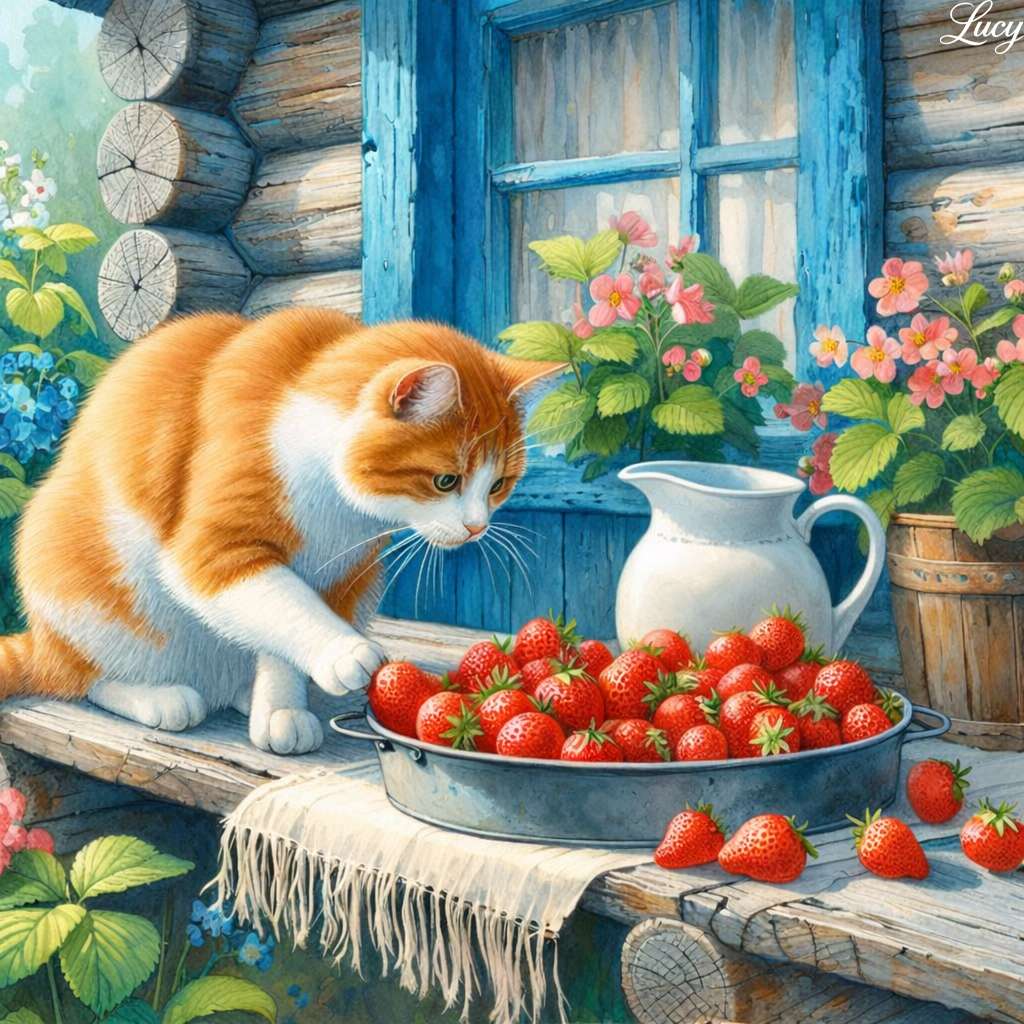 Curious cat and strawberries on porch online puzzle