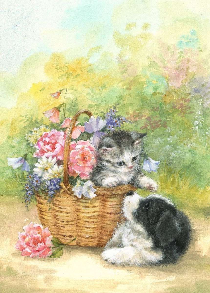 a kitten in a basket of flowers teases a puppy online puzzle