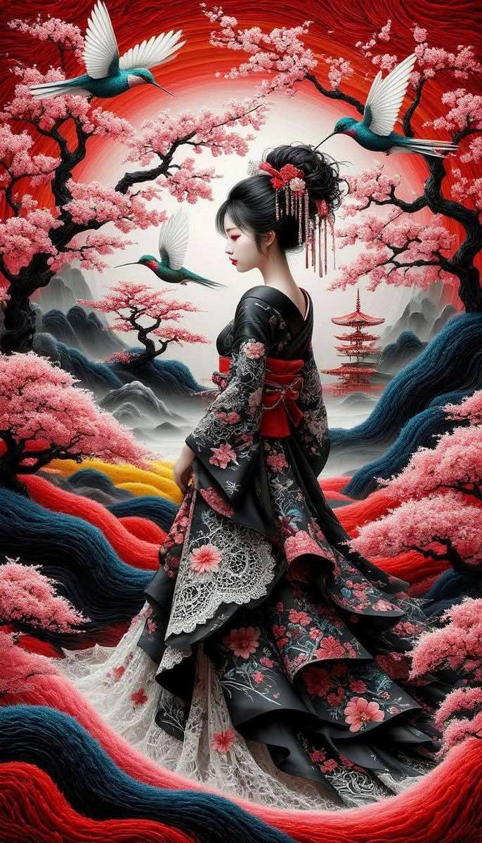 schöne Geisha, rosa Kirschblüte Online-Puzzle