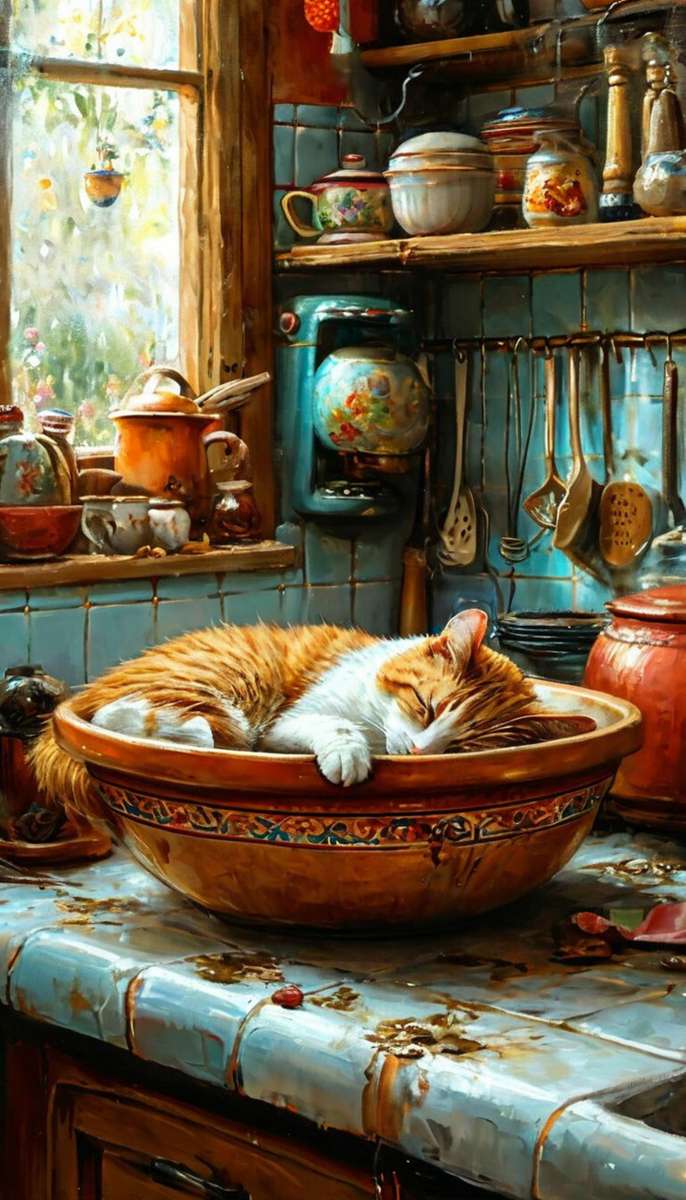 een kat die in een slakom slaapt legpuzzel online