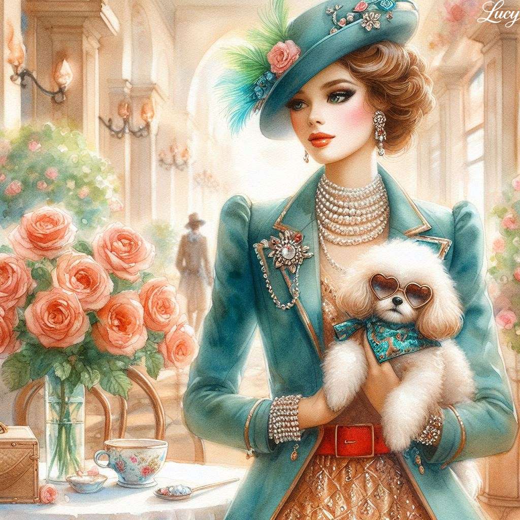 A refined woman in a teal tailored jacket jigsaw puzzle online