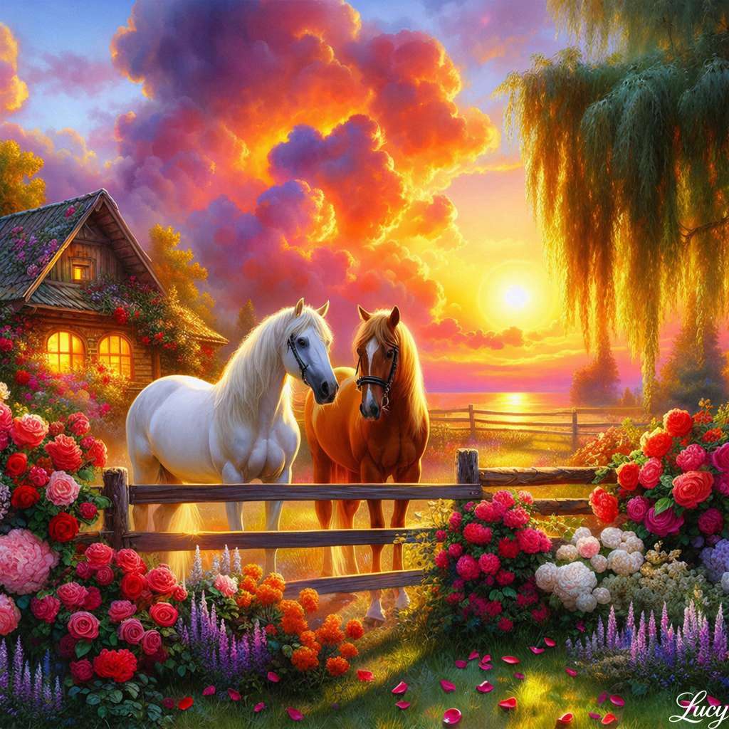 Pastorale zonsondergang met paarden en bloemen online puzzel