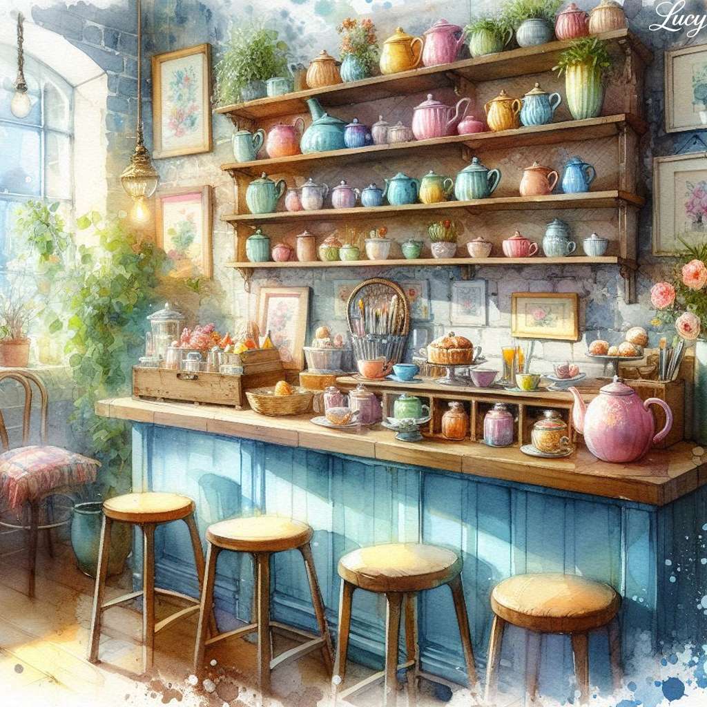 Słoneczna kawiarnia z tętniącymi życiem czajnikami puzzle online