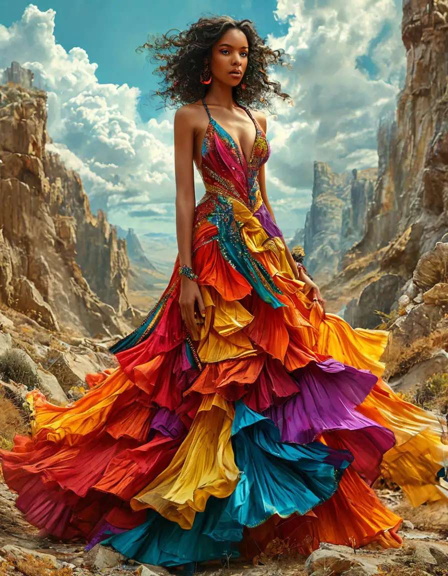 Mulher com um vestido colorido puzzle online