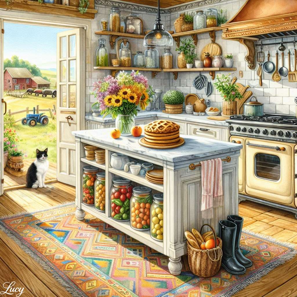 Kuchnia wiejska z widokiem na farmę puzzle online