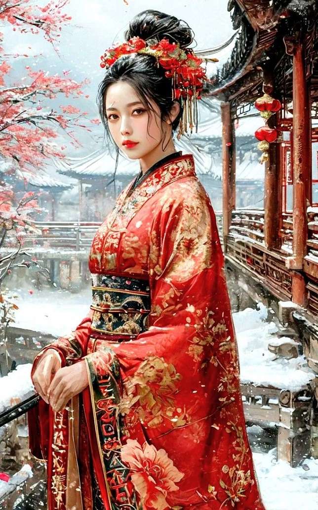 śnieżny dzień, gejsza w czerwonym kimonie puzzle online