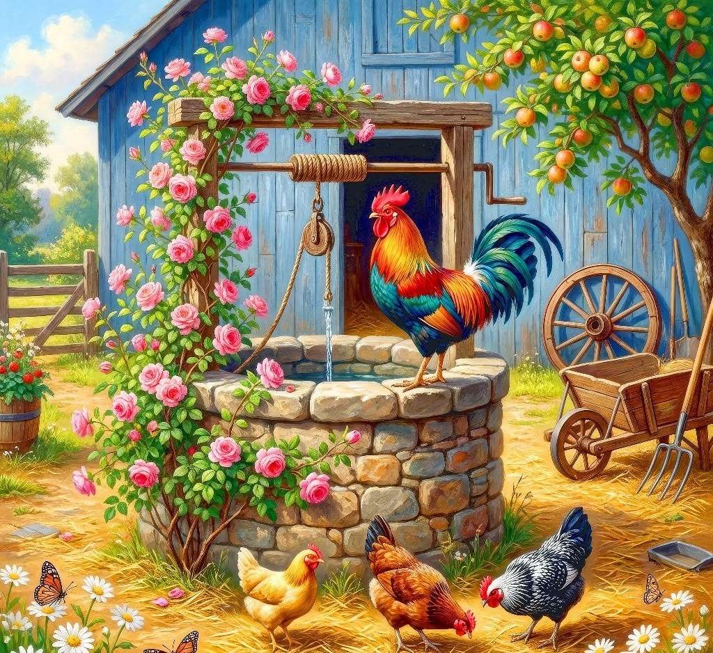 Dimineata in curte cu gainile puzzle online