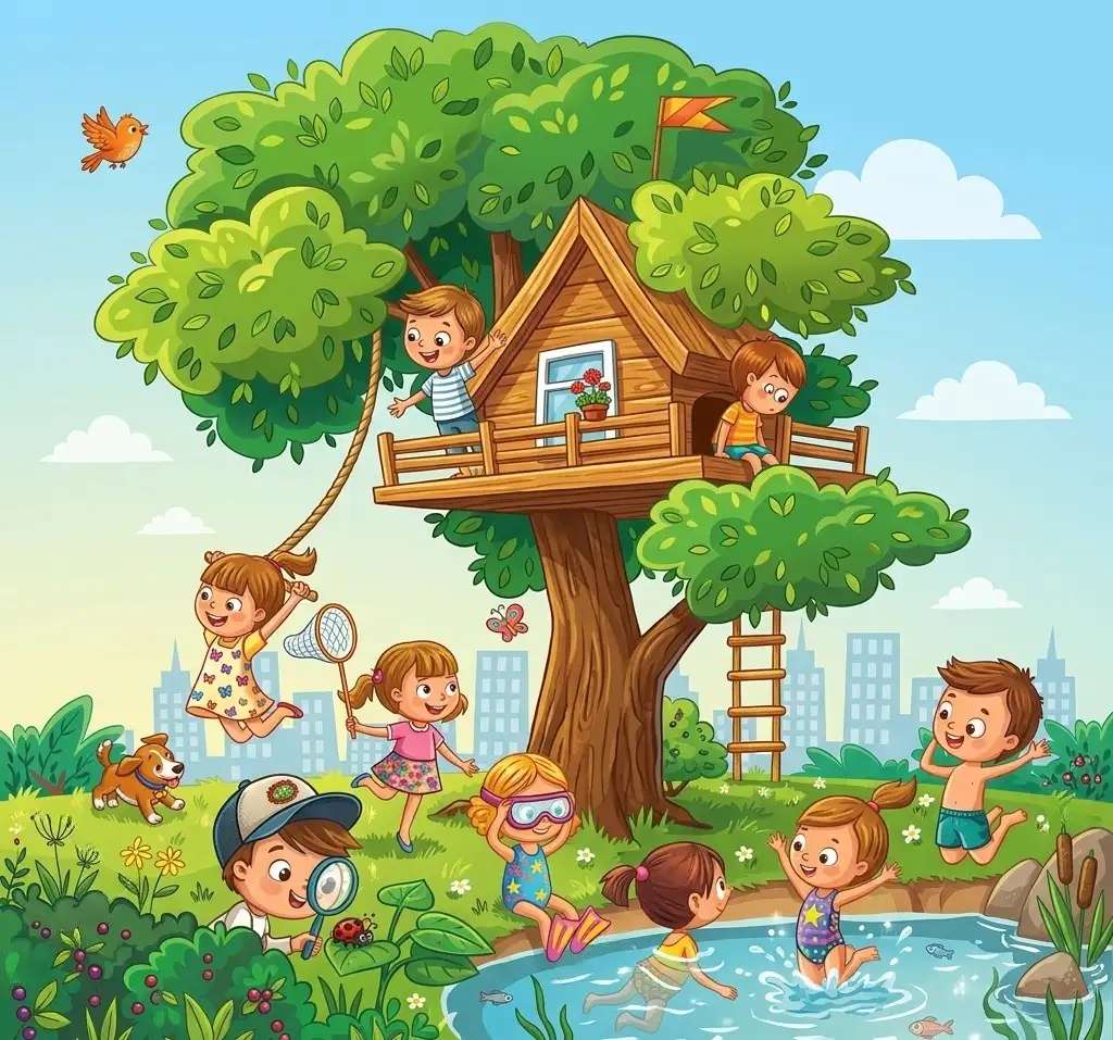 Kinder spielen rund um den Teich Online-Puzzle