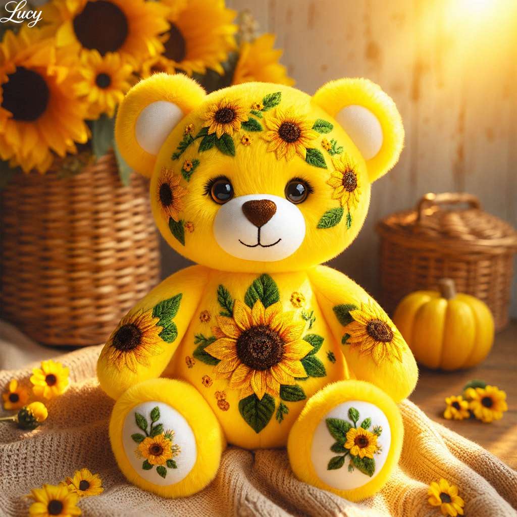Gezellige teddybeer omringd door zonnebloemen online puzzel